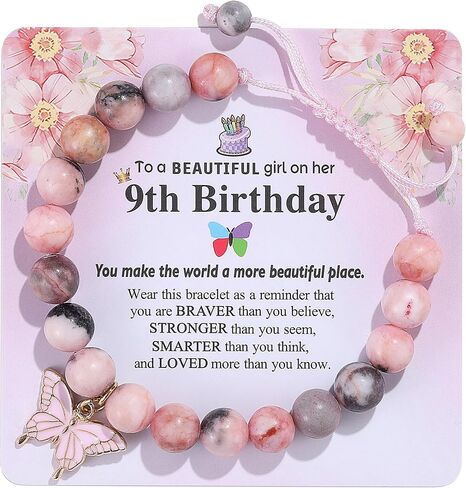 Birthday Bracelet Gift for Girls 6-13 Years Old, Pink Zebra Natural Stone Butterfly Charm Bracelet for Daughter Granddaughter Niece Teenage Girl Birthday Gift in Saudi Arabia
