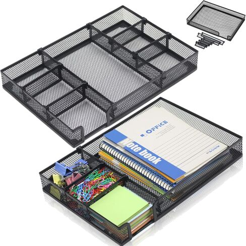 Desk Drawer Organizer Tray with 6 Adjustable Compartment, 2024 New Metal Mesh File Organizer Office Drawer Organizer Accessories for Office Home School, 12.6 * 8.6 * 1.77in in Saudi Arabia