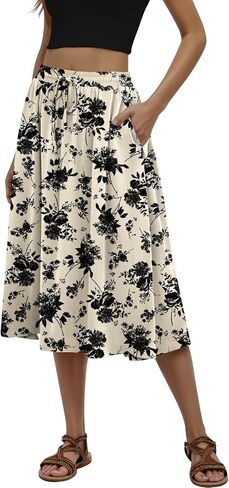 Women's Midi Skirt Summer Pleated Flowy Elastic High Waisted Skirts with Pockets in Kuwait