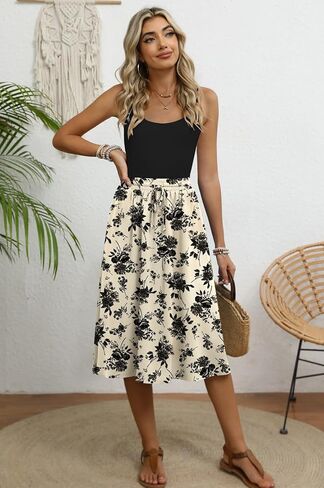 Women's Midi Skirt Summer Pleated Flowy Elastic High Waisted Skirts with Pockets in Kuwait