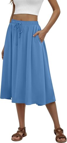Women's Midi Skirt Summer Pleated Flowy Elastic High Waisted Skirts with Pockets in Kuwait