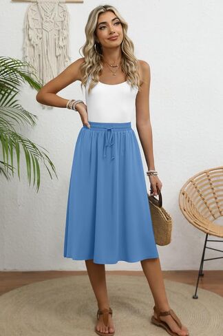 Women's Midi Skirt Summer Pleated Flowy Elastic High Waisted Skirts with Pockets in Kuwait