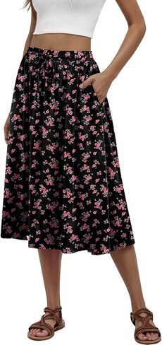 Women's Midi Skirt Summer Pleated Flowy Elastic High Waisted Skirts with Pockets in Kuwait