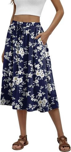 Women's Midi Skirt Summer Pleated Flowy Elastic High Waisted Skirts with Pockets in Kuwait
