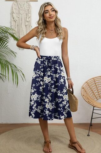 Women's Midi Skirt Summer Pleated Flowy Elastic High Waisted Skirts with Pockets in Kuwait