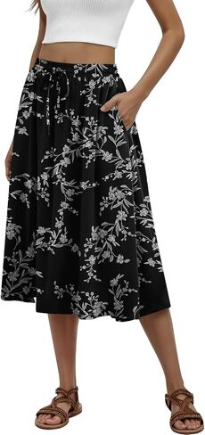 Women's Midi Skirt Summer Pleated Flowy Elastic High Waisted Skirts with Pockets in Kuwait