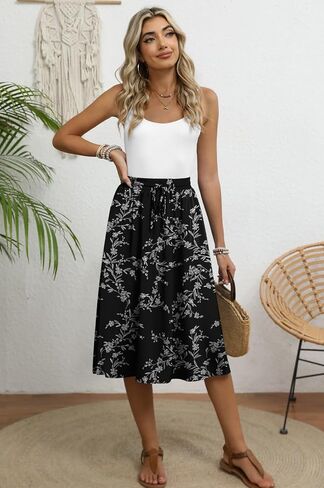 Women's Midi Skirt Summer Pleated Flowy Elastic High Waisted Skirts with Pockets in Kuwait