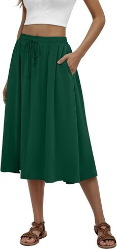 Women's Midi Skirt Summer Pleated Flowy Elastic High Waisted Skirts with Pockets in Kuwait