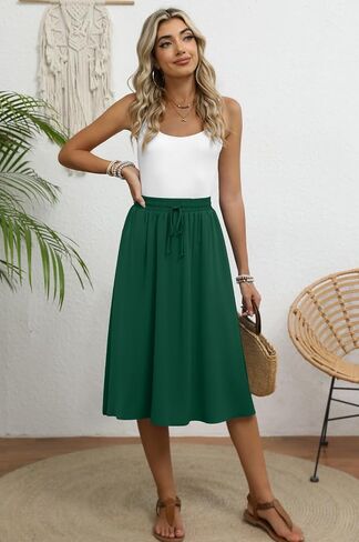 Women's Midi Skirt Summer Pleated Flowy Elastic High Waisted Skirts with Pockets in Kuwait