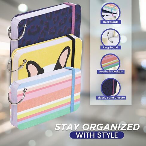 بطاقات الفهرس، بطاقة فهرس مسطرة مقاس 3 × 5 بوصة مع حلقة، ورق مسطرة لتدوين الملاحظات لليوميات والوصفات وبطاقات الفلاش | بطاقة الفهرسة الدائرية، شريط مطاطي، غلاف صلب، تصميمات أنيقة، 75 بطاقة - 3 عبوات (النمط B) in Kuwait