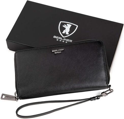 BERLINER BAGS Premium Genuine Leather Wallet Lyon, RFID Blocking Credit Card Holder, Clutch Purses for Women, Zip Around Wallet for 15 Cards and ID window, Bills, Coins - Black in Kuwait