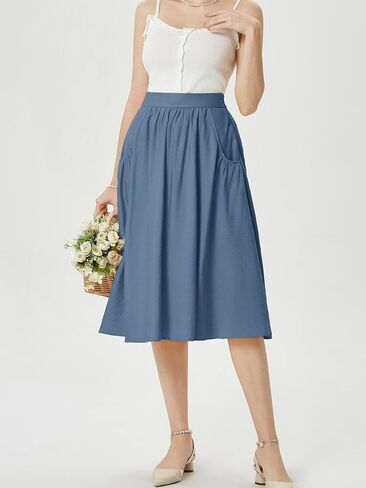 Belle Poque Women's Faux Linen Skirt with Pockets Vintage Swing Skirt Elastic Waist Flared A Line Skirts in Saudi Arabia