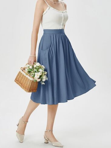 Belle Poque Women's Faux Linen Skirt with Pockets Vintage Swing Skirt Elastic Waist Flared A Line Skirts in Saudi Arabia