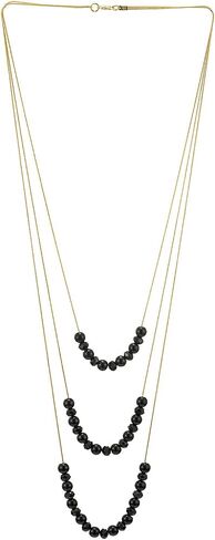 COOLSTEELANDBEYOND Gold Statement Necklace Three-Strand Waterfall Long Chains with Black Gem Stone Beads String Pendant in Saudi Arabia