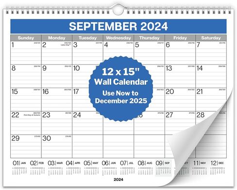 Dunwell Large Wall Calendar 2024-2025 - (Colorful) 12x15 Wall Calendar, Use Now to December 2025, Big 15 x 12 Hanging Calendar or Monthly Calendar for Desk, 2024-25 Academic Calendar in Saudi Arabia