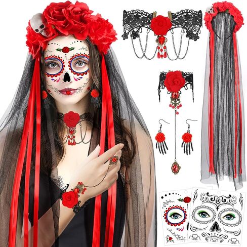 DPKOW Halloween Day of the Dead Headband Veil Rose Floral Crown Sugar Skull Face Tattoos Halloween Costume Accessories in Saudi Arabia