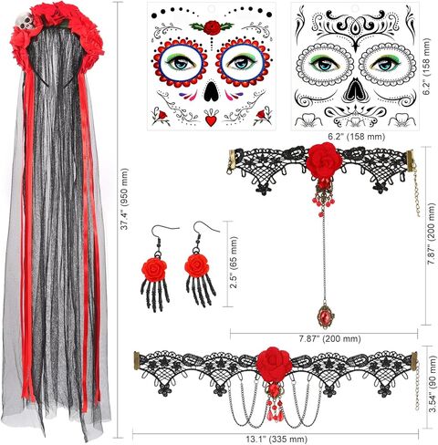 DPKOW Halloween Day of the Dead Headband Veil Rose Floral Crown Sugar Skull Face Tattoos Halloween Costume Accessories in Saudi Arabia
