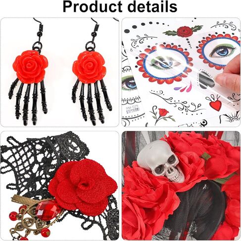 DPKOW Halloween Day of the Dead Headband Veil Rose Floral Crown Sugar Skull Face Tattoos Halloween Costume Accessories in Saudi Arabia