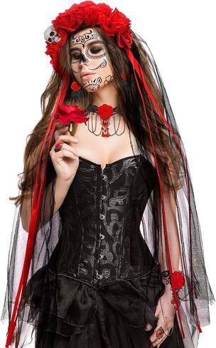 DPKOW Halloween Day of the Dead Headband Veil Rose Floral Crown Sugar Skull Face Tattoos Halloween Costume Accessories in Saudi Arabia