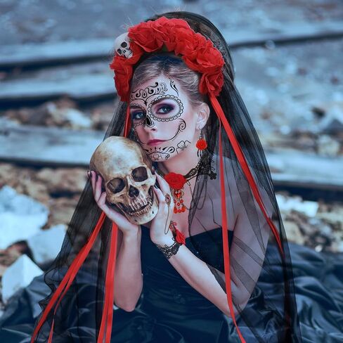 DPKOW Halloween Day of the Dead Headband Veil Rose Floral Crown Sugar Skull Face Tattoos Halloween Costume Accessories in Saudi Arabia