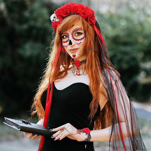 DPKOW Halloween Day of the Dead Headband Veil Rose Floral Crown Sugar Skull Face Tattoos Halloween Costume Accessories in Saudi Arabia