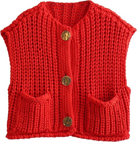 Ainangua Sleeveless Cropped Cardigan for Women Casual Chunky Knit Tank Tops Button Down Open Front Sweater Vest with Pockets in Saudi Arabia