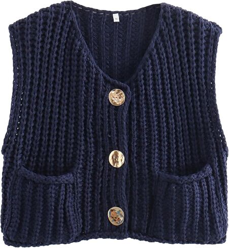 Ainangua Sleeveless Cropped Cardigan for Women Casual Chunky Knit Tank Tops Button Down Open Front Sweater Vest with Pockets in Saudi Arabia