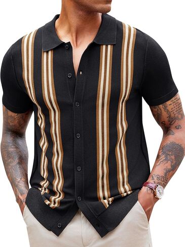 Runcati Mens Knit Polo Shirts Striped Vintage Short Sleeve Shirt Button Down Casual Slim Fit Sweater in Saudi Arabia
