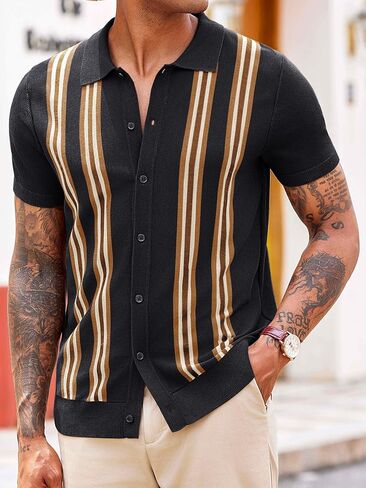 Runcati Mens Knit Polo Shirts Striped Vintage Short Sleeve Shirt Button Down Casual Slim Fit Sweater in Saudi Arabia