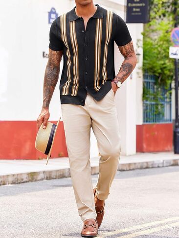 Runcati Mens Knit Polo Shirts Striped Vintage Short Sleeve Shirt Button Down Casual Slim Fit Sweater in Saudi Arabia