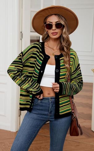 ECOWISH Women Button Down Cardigan: Fall Long Sleeve Crewneck Striped Open Front Cropped Sweater Casual Ribbed Knit Jacket in Saudi Arabia