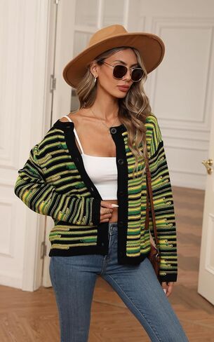 ECOWISH Women Button Down Cardigan: Fall Long Sleeve Crewneck Striped Open Front Cropped Sweater Casual Ribbed Knit Jacket in Saudi Arabia