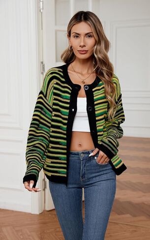 ECOWISH Women Button Down Cardigan: Fall Long Sleeve Crewneck Striped Open Front Cropped Sweater Casual Ribbed Knit Jacket in Saudi Arabia