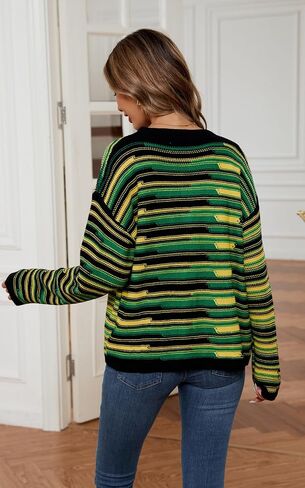 ECOWISH Women Button Down Cardigan: Fall Long Sleeve Crewneck Striped Open Front Cropped Sweater Casual Ribbed Knit Jacket in Saudi Arabia