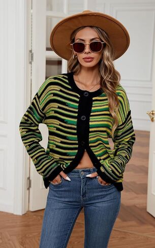 ECOWISH Women Button Down Cardigan: Fall Long Sleeve Crewneck Striped Open Front Cropped Sweater Casual Ribbed Knit Jacket in Saudi Arabia