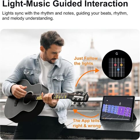 Smart Acoustic Electric Guitar with Lights, Smart Tuner, Music Recognition, Online Lesson, 36'' Travel Acustica Guitarra Guitar Starter Kit of Stand, Gig Bag, Strap, Strings (T2 Black) in Saudi Arabia