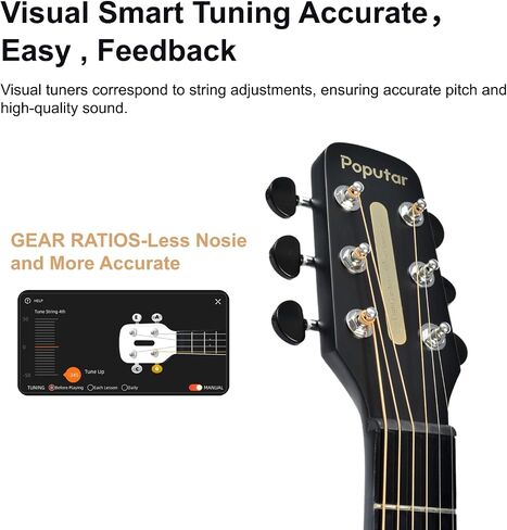 Smart Acoustic Electric Guitar with Lights, Smart Tuner, Music Recognition, Online Lesson, 36'' Travel Acustica Guitarra Guitar Starter Kit of Stand, Gig Bag, Strap, Strings (T2 Black) in Saudi Arabia