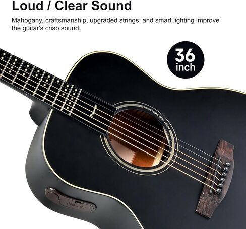 Smart Acoustic Electric Guitar with Lights, Smart Tuner, Music Recognition, Online Lesson, 36'' Travel Acustica Guitarra Guitar Starter Kit of Stand, Gig Bag, Strap, Strings (T2 Black) in Saudi Arabia