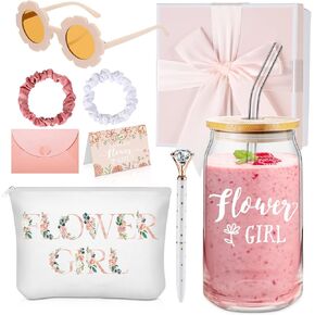 Meanplan 9 Pcs Flower Girl Gift Set Flower Girl Proposal Gifts Flower Girl Ice Coffee Cup Canvas Bag Sunglasses Hair Ring Diamond Pen Card Envelope for Wedding Bridal Engagement (Blush,Cute)