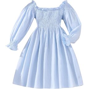 Girl Dress Smocked Casual Square Neck Lantern Long Sleeve Toddler Dresses Size 3-7T