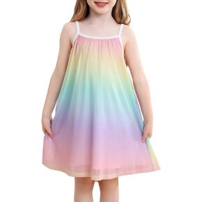 Girl's Summer Dress Casual Spaghetti Strap Rainbow Sundress Size 3-10 Year
