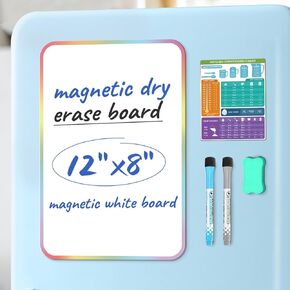 Magnetic Dry Erase Board Sheet for Fridge, Magnetic White Board for Refrigerators, 12"x8" Small Magnet Whiteboard Organizer for Kitchen, Include 1 Eraser, 2 Markers, 1 Conversion Chart