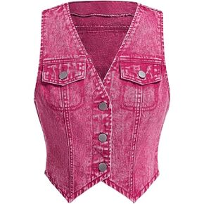 MakeMeChic Women's Denim Vest Button Down Asymmetrical Crop Top Sleeveless V Neck Y2K Jacket