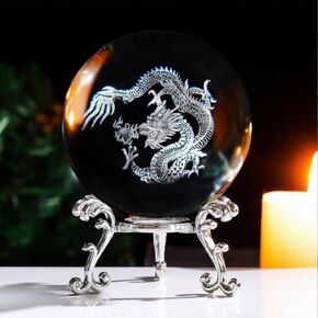 Chinese Dragon Crystal Ball with Stand 3D Laser Engraved Dragon Statue Decor Glass Sphere Paperweight Gifts for Men Kids(2.4 in)