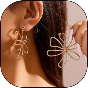 Wire Frame Flower Drop Earrings for Teen Girls,14K Gold Large Lines Floral Hoop Statement Earrings Vintage Handmade Hollow Blossom Dangle Earrings