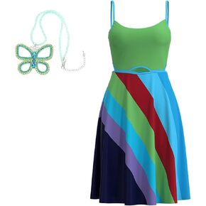 Rainbow Stripe Backless Slip Dress with Green Butterfly Necklace – Trendy Summer Bodycon Outfit