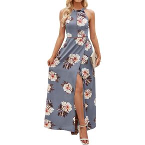 ZESICA Women's 2024 Summer Halter Neck Floral Print Backless Split Beach Party Maxi Dress