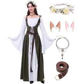 7 PCS Renaissance Dresses for Women Medieval Costume with Elf Ears, Necklace, Leather Belt, and Flower Crown