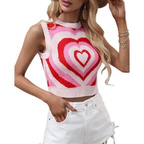 Women Sexy Ribbed Color Block Heart Summer Sweater Tanks Crew Neck Sleeveless Knit Summer Heart Vest