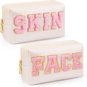 Fuzzy Makeup Bag, 2pcs Short Plush Cosmetic Bag Fluffy Quilted Makeup Pouch for Girls (Cream)